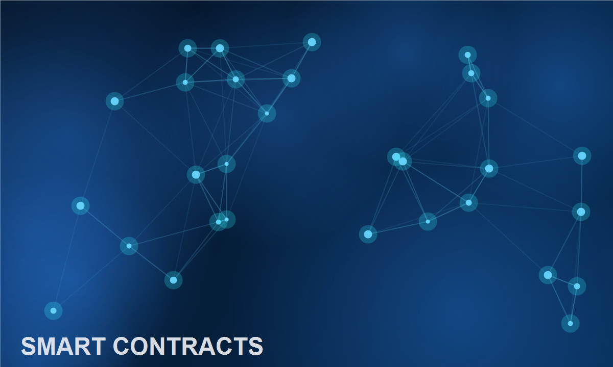 Blue graphic showing smart contracts in a blockchain network