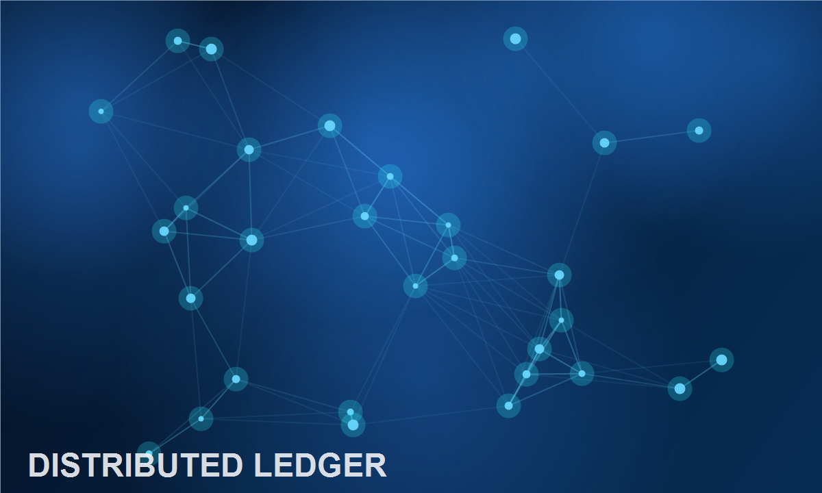 Blue graphic showing a digital blockchain data ledger